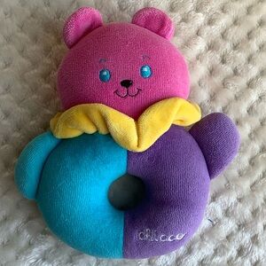 Chicco Pink Blue Yellow and Purple Bear Stuffed Rattle Plush Toy